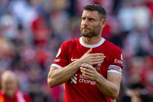 LIVERPOOL, INGLATERRA - Sábado, 20 de mayo de 2023: James Milner de Liverpool aplaude a los seguidores después del partido de la FA Premier League entre Liverpool FC y Aston Villa FC en Anfield.  (Foto de David Rawcliffe/Propaganda)