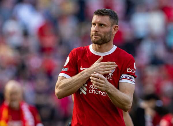 LIVERPOOL, ENGLAND - Saturday, May 20, 2023: Liverpool's James Milner applauds the supporters after the FA Premier League match between Liverpool FC and Aston Villa FC at Anfield. (Pic by David Rawcliffe/Propaganda)