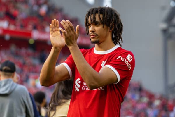 LIVERPOOL, ENGLAND - Saturday, May 20, 2023: Liverpool's Trent Alexander-Arnold applauds the supporters after the FA Premier League match between Liverpool FC and Aston Villa FC at Anfield. (Pic by David Rawcliffe/Propaganda)