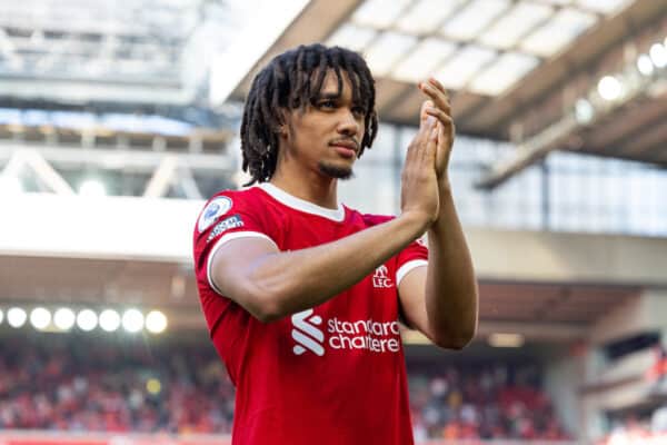 LIVERPOOL, ENGLAND - Saturday, May 20, 2023: Liverpool's Trent Alexander-Arnold applauds the supporters after the FA Premier League match between Liverpool FC and Aston Villa FC at Anfield. (Pic by David Rawcliffe/Propaganda)