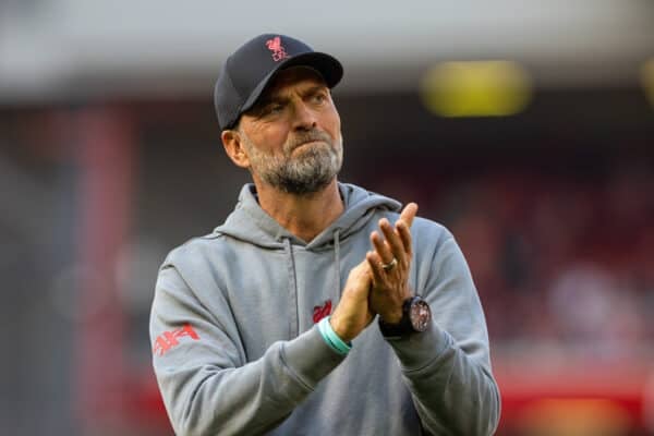 LIVERPOOL, ENGLAND - Saturday, May 20, 2023: Liverpool's manager Jürgen Klopp applauds the supporters during the lap of appreciation after the FA Premier League match between Liverpool FC and Aston Villa FC at Anfield. (Pic by David Rawcliffe/Propaganda)