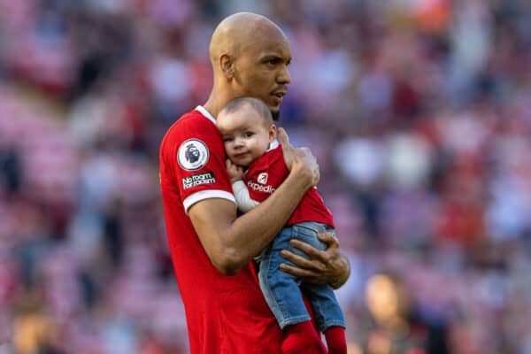 LIVERPOOL, ENGLAND - Saturday, May 20, 2023: Liverpool's Fabio Henrique Tavares 'Fabinho' with his baby son on the pitch after the FA Premier League match between Liverpool FC and Aston Villa FC at Anfield. (Pic by David Rawcliffe/Propaganda)