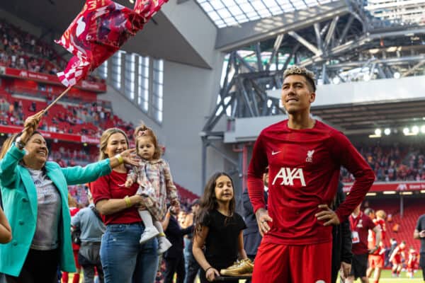 LIVERPOOL, ENGLAND - Saturday, May 20, 2023: Liverpool's Roberto Firmino says an emotional goodbye to the supporters after the FA Premier League match between Liverpool FC and Aston Villa FC at Anfield. (Pic by David Rawcliffe/Propaganda)