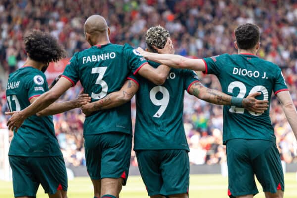 SOUTHAMPTON, ENGLAND - Sunday, May 28, 2023: Liverpool's Roberto Firmino (9) celebrates with team-mates Mohamed Salah (L), Fabio Henrique Tavares 'Fabinho' (3) and Diogo Jota (R) after scoring the second goal during the FA Premier League match between Southampton FC and Liverpool FC at St Mary's Stadium. The game ended in a 4-4 draw. (Pic by David Rawcliffe/Propaganda)