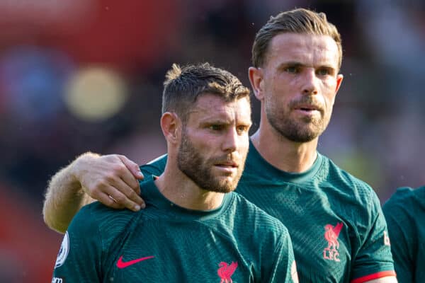 SOUTHAMPTON, ENGLAND - Sunday, May 28, 2023: Liverpool's James Milner (L) and captain Jordan Henderson after the FA Premier League match between Southampton FC and Liverpool FC at St Mary's Stadium. The game ended in a 4-4 draw. (Pic by David Rawcliffe/Propaganda)
