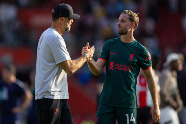 SOUTHAMPTON, ENGLAND - Sunday, May 28, 2023: Liverpool's captain Jordan Henderson (R) and manager Jürgen Klopp after the FA Premier League match between Southampton FC and Liverpool FC at St Mary's Stadium. The game ended in a 4-4 draw. (Pic by David Rawcliffe/Propaganda)