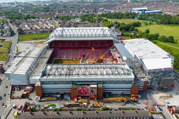 LIVERPOOL, ENGLAND - Monday, May 29, 2023: An aerial view of Anfield, the home stadium of Liverpool Football Club, showing the ongoing construction of the new Anfield Road expansion. Cranes have been installed on the pitch as the redevelopment phase begins to remove the roof of the old stand. The development will see and extra 7,000 more seats added taking Anfield's overall capacity to more than 61,000. (Pic by David Rawcliffe/Propaganda)