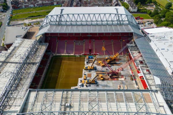 LIVERPOOL, ENGLAND - Monday, May 29, 2023: An aerial view of Anfield, the home stadium of Liverpool Football Club, showing the ongoing construction of the new Anfield Road expansion. Cranes have been installed on the pitch as the redevelopment phase begins to remove the roof of the old stand. The development will see and extra 7,000 more seats added taking Anfield's overall capacity to more than 61,000. (Pic by David Rawcliffe/Propaganda)