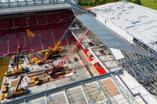 LIVERPOOL, ENGLAND - Monday, May 29, 2023: An aerial view of Anfield, the home stadium of Liverpool Football Club, showing the ongoing construction of the new Anfield Road expansion. Cranes have been installed on the pitch as the redevelopment phase begins to remove the roof of the old stand. The development will see and extra 7,000 more seats added taking Anfield's overall capacity to more than 61,000. (Pic by David Rawcliffe/Propaganda)