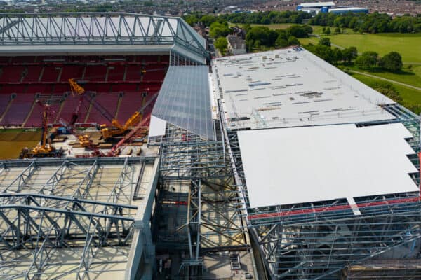 LIVERPOOL, ENGLAND - Monday, May 29, 2023: An aerial view of Anfield, the home stadium of Liverpool Football Club, showing the ongoing construction of the new Anfield Road expansion. Cranes have been installed on the pitch as the redevelopment phase begins to remove the roof of the old stand. The development will see and extra 7,000 more seats added taking Anfield's overall capacity to more than 61,000. (Pic by David Rawcliffe/Propaganda)