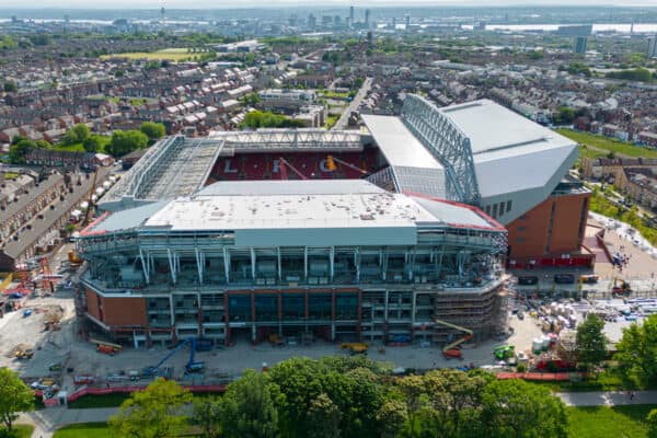 LIVERPOOL, ENGLAND - Monday, May 29, 2023: An aerial view of Anfield, the home stadium of Liverpool Football Club, showing the ongoing construction of the new Anfield Road expansion. Cranes have been installed on the pitch as the redevelopment phase begins to remove the roof of the old stand. The development will see and extra 7,000 more seats added taking Anfield's overall capacity to more than 61,000. (Pic by David Rawcliffe/Propaganda)