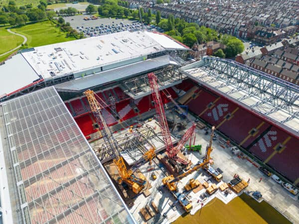 LIVERPOOL, ENGLAND - Tuesday, May 30, 2023: An aerial view of Anfield, the home stadium of Liverpool Football Club, showing the ongoing construction of the new Anfield Road expansion. Cranes have been installed on the pitch as the  redevelopment phase begins to remove the roof of the old stand. The roof has been cut into sections and the first half has already been removed and sits on the pitch. The development will see and extra 7,000 more seats added taking Anfield's overall capacity to more than 61,000. (Pic by David Rawcliffe/Propaganda)