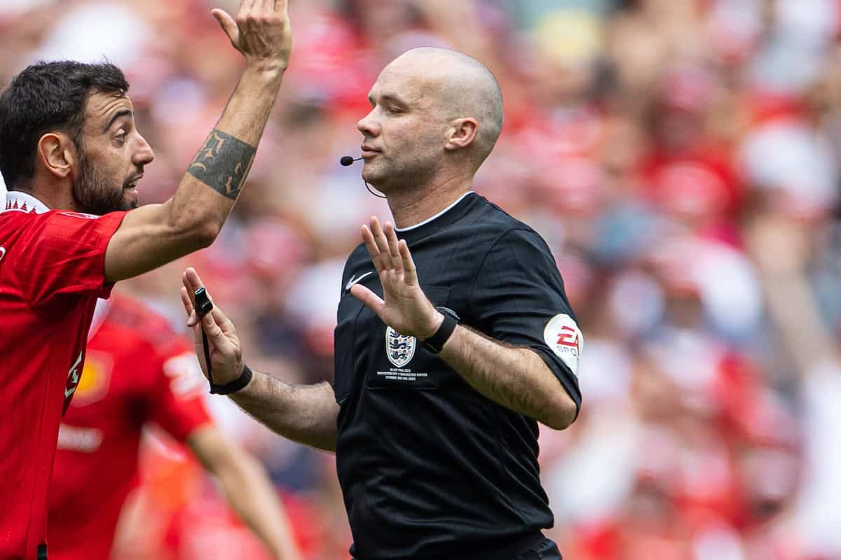 LONDON, ENGLAND - Saturday, June 3, 2023: Manchester United's Bruno Fernandes appeals to referee Paul Tierney for a penalty during the FA Cup Final between Manchester City FC and Manchester United FC at Wembley Stadium. Man City won 2-1. (Pic by David Rawcliffe/Propaganda)