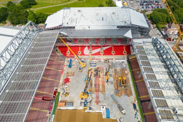 LIVERPOOL, ENGLAND - Tuesday, June 6, 2023: An aerial view of Anfield, the home stadium of Liverpool Football Club, showing the ongoing construction of the new Anfield Road expansion. The redevelopment of the stand will see 7,000 more seats added taking Anfield's overall capacity to more than 61,000. (Pic by David Rawcliffe/Propaganda)