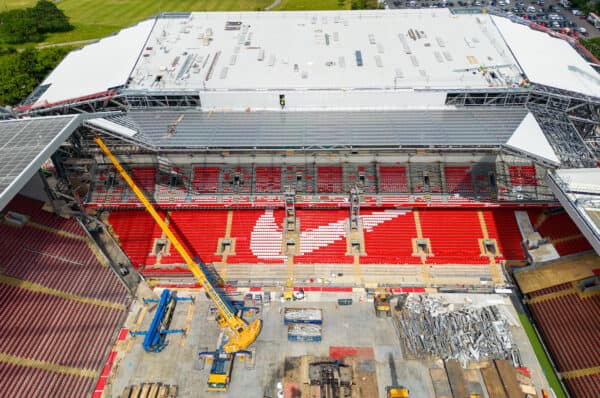LIVERPOOL, ENGLAND - Tuesday, June 6, 2023: An aerial view of Anfield, the home stadium of Liverpool Football Club, showing the ongoing construction of the new Anfield Road expansion. The redevelopment of the stand will see 7,000 more seats added taking Anfield's overall capacity to more than 61,000. (Pic by David Rawcliffe/Propaganda)