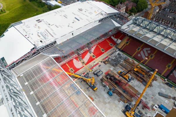 LIVERPOOL, ENGLAND - Tuesday, June 6, 2023: An aerial view of Anfield, the home stadium of Liverpool Football Club, showing the ongoing construction of the new Anfield Road expansion. The redevelopment of the stand will see 7,000 more seats added taking Anfield's overall capacity to more than 61,000. (Pic by David Rawcliffe/Propaganda)