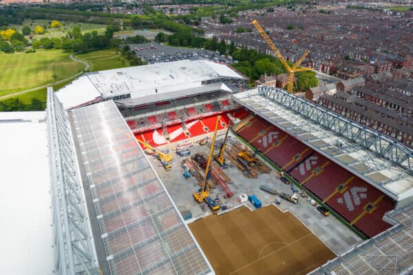 LIVERPOOL, ENGLAND - Tuesday, June 6, 2023: An aerial view of Anfield, the home stadium of Liverpool Football Club, showing the ongoing construction of the new Anfield Road expansion. The redevelopment of the stand will see 7,000 more seats added taking Anfield's overall capacity to more than 61,000. (Pic by David Rawcliffe/Propaganda)