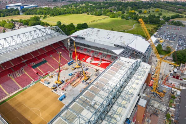 LIVERPOOL, ENGLAND - Tuesday, June 6, 2023: An aerial view of Anfield, the home stadium of Liverpool Football Club, showing the ongoing construction of the new Anfield Road expansion. The redevelopment of the stand will see 7,000 more seats added taking Anfield's overall capacity to more than 61,000. (Pic by David Rawcliffe/Propaganda)