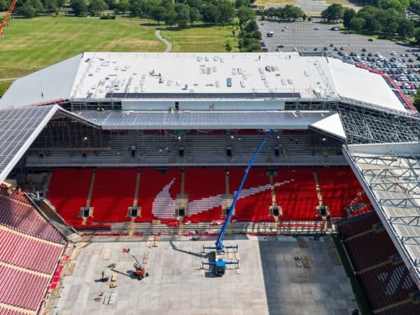 LIVERPOOL, ENGLAND - Thursday, June 22, 2023: An aerial view of Anfield, the home stadium of Liverpool Football Club, showing the ongoing construction of the new Anfield Road expansion. The redevelopment of the stand will see 7,000 more seats added taking Anfield's overall capacity to more than 61,000. (Pic by David Rawcliffe/Propaganda)