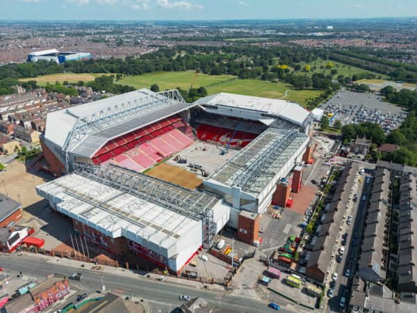 LIVERPOOL, ENGLAND - Thursday, June 22, 2023: An aerial view of Anfield, the home stadium of Liverpool Football Club, showing the ongoing construction of the new Anfield Road expansion. The redevelopment of the stand will see 7,000 more seats added taking Anfield's overall capacity to more than 61,000. (Pic by David Rawcliffe/Propaganda)