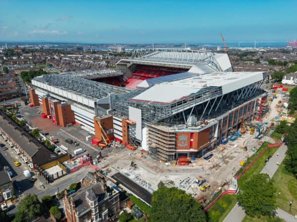 LIVERPOOL, ENGLAND - Thursday, June 22, 2023: An aerial view of Anfield, the home stadium of Liverpool Football Club, showing the ongoing construction of the new Anfield Road expansion. The redevelopment of the stand will see 7,000 more seats added taking Anfield's overall capacity to more than 61,000. (Pic by David Rawcliffe/Propaganda)