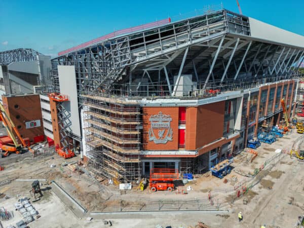 LIVERPOOL, ENGLAND - Thursday, June 22, 2023: An aerial view of Anfield, the home stadium of Liverpool Football Club, showing the ongoing construction of the new Anfield Road expansion. The redevelopment of the stand will see 7,000 more seats added taking Anfield's overall capacity to more than 61,000. (Pic by David Rawcliffe/Propaganda)