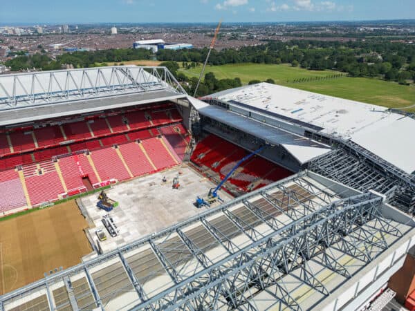 LIVERPOOL, ENGLAND - Thursday, June 22, 2023: An aerial view of Anfield, the home stadium of Liverpool Football Club, showing the ongoing construction of the new Anfield Road expansion. The redevelopment of the stand will see 7,000 more seats added taking Anfield's overall capacity to more than 61,000. (Pic by David Rawcliffe/Propaganda)