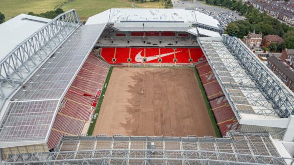 LIVERPOOL, ENGLAND - Friday, July 7, 2023: An aerial view of Anfield, the home stadium of Liverpool Football Club, showing the ongoing construction of the new Anfield Road expansion and the relaying of the pitch following the removal of cranes. The redevelopment of the stand will see 7,000 more seats added taking Anfield's overall capacity to more than 61,000. (Pic by David Rawcliffe/Propaganda)