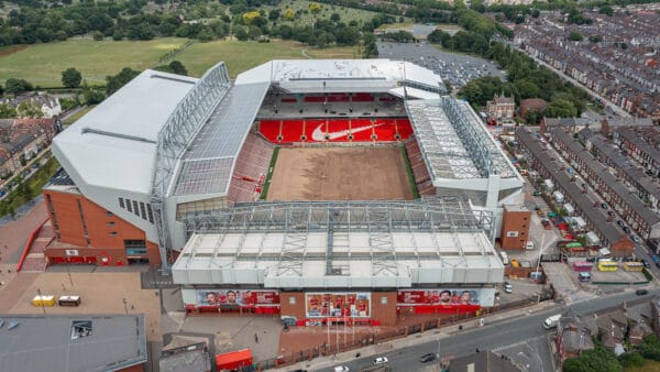 LIVERPOOL, ENGLAND - Friday, July 7, 2023: An aerial view of Anfield, the home stadium of Liverpool Football Club, showing the ongoing construction of the new Anfield Road expansion and the relaying of the pitch following the removal of cranes. The redevelopment of the stand will see 7,000 more seats added taking Anfield's overall capacity to more than 61,000. (Pic by David Rawcliffe/Propaganda)