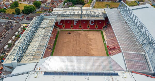 LIVERPOOL, ENGLAND - Friday, July 7, 2023: An aerial view of Anfield, the home stadium of Liverpool Football Club, showing the ongoing construction of the new Anfield Road expansion and the relaying of the pitch following the removal of cranes. The redevelopment of the stand will see 7,000 more seats added taking Anfield's overall capacity to more than 61,000. (Pic by David Rawcliffe/Propaganda)