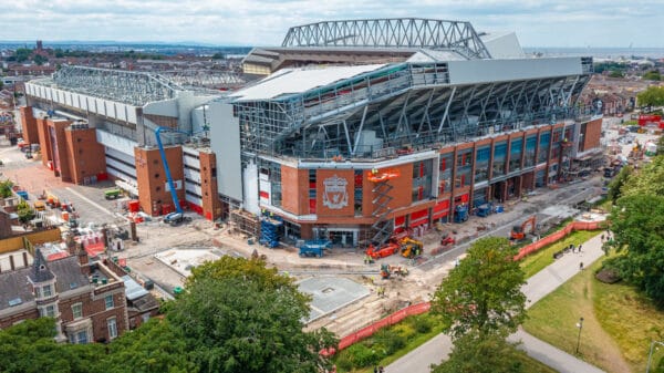 LIVERPOOL, ENGLAND - Friday, July 7, 2023: An aerial view of Anfield, the home stadium of Liverpool Football Club, showing the ongoing construction of the new Anfield Road expansion. The redevelopment of the stand will see 7,000 more seats added taking Anfield's overall capacity to more than 61,000. (Pic by David Rawcliffe/Propaganda)