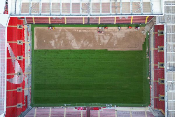 LIVERPOOL, ENGLAND - Wednesday, July 12, 2023: An aerial view of Anfield, the home stadium of Liverpool Football Club, showing the relaying of the pitch following the removal of cranes for the ongoing construction of the new Anfield Road expansion. The redevelopment of the stand will see 7,000 more seats added taking Anfield's overall capacity to more than 61,000. (Pic by David Rawcliffe/Propaganda)