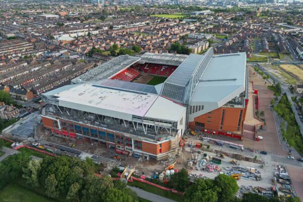 LIVERPOOL, ENGLAND - Wednesday, July 12, 2023: An aerial view of Anfield, the home stadium of Liverpool Football Club, showing the relaying of the pitch following the removal of cranes for the ongoing construction of the new Anfield Road expansion. The redevelopment of the stand will see 7,000 more seats added taking Anfield's overall capacity to more than 61,000. (Pic by David Rawcliffe/Propaganda)