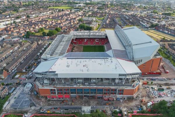 LIVERPOOL, ENGLAND - Wednesday, July 12, 2023: An aerial view of Anfield, the home stadium of Liverpool Football Club, showing the relaying of the pitch following the removal of cranes for the ongoing construction of the new Anfield Road expansion. The redevelopment of the stand will see 7,000 more seats added taking Anfield's overall capacity to more than 61,000. (Pic by David Rawcliffe/Propaganda)