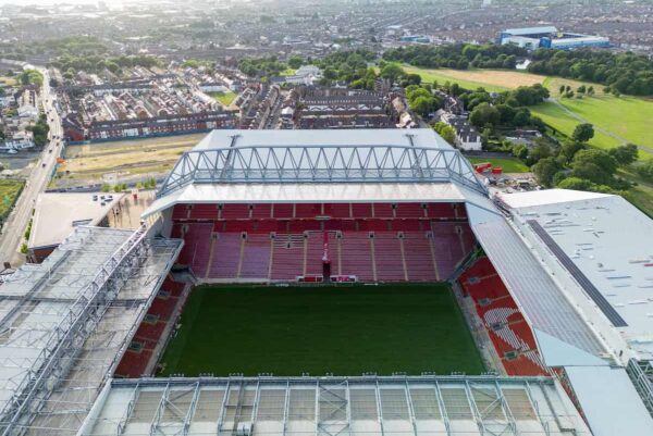 LIVERPOOL, ENGLAND - Wednesday, July 12, 2023: An aerial view of Anfield, the home stadium of Liverpool Football Club, showing the relaying of the pitch following the removal of cranes for the ongoing construction of the new Anfield Road expansion. The redevelopment of the stand will see 7,000 more seats added taking Anfield's overall capacity to more than 61,000. (Pic by David Rawcliffe/Propaganda)