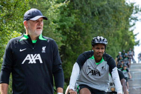 DONESCHINGEN, GERMANY - Monday, July 17, 2023: Liverpool's Joël Matip rides a bicyle to a training session during the club's pre-season training camp in Germany. (Pic by David Rawcliffe/Propaganda)