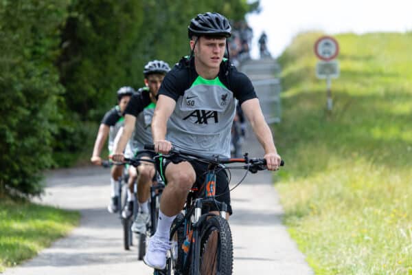 DONESCHINGEN, GERMANY - Monday, July 17, 2023: Liverpool's Ben Doak rides a bicyle to a training session during the club's pre-season training camp in Germany. (Pic by David Rawcliffe/Propaganda)