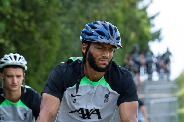 DONESCHINGEN, GERMANY - Monday, July 17, 2023: Liverpool's Joe Gomez rides a bicyle to a training session during the club's pre-season training camp in Germany. (Pic by David Rawcliffe/Propaganda)