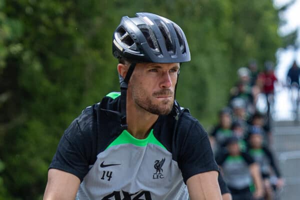 DONESCHINGEN, GERMANY - Monday, July 17, 2023: Liverpool's captain Jordan Henderson rides a bicyle to a training session during the club's pre-season training camp in Germany. (Pic by David Rawcliffe/Propaganda)