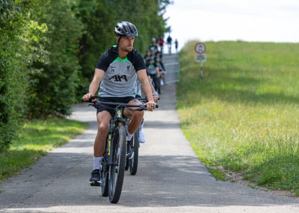 DONESCHINGEN, GERMANY - Monday, July 17, 2023: Liverpool's captain Jordan Henderson rides a bicyle to a training session during the club's pre-season training camp in Germany. (Pic by David Rawcliffe/Propaganda)