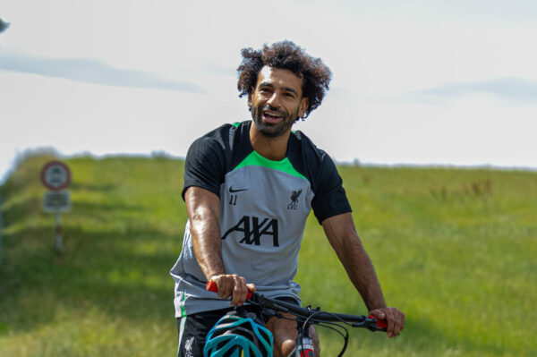 DONESCHINGEN, GERMANY - Monday, July 17, 2023: Liverpool's Mohamed Salah rides a bicyle to a training session during the club's pre-season training camp in Germany. (Pic by David Rawcliffe/Propaganda)