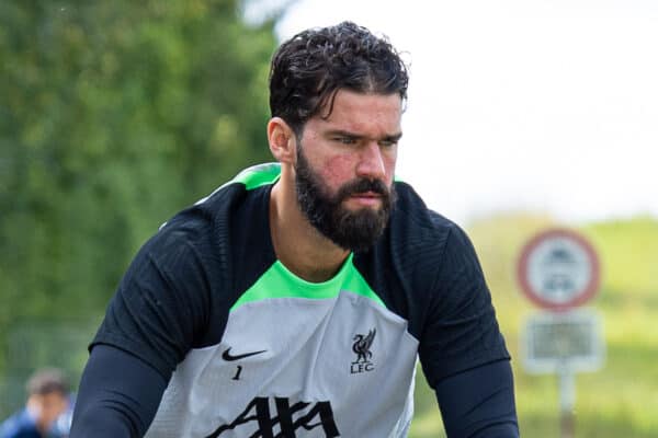 DONESCHINGEN, GERMANY - Monday, July 17, 2023: Liverpool's goalkeeper Alisson Becker rides a bicyle to a training session during the club's pre-season training camp in Germany. (Pic by David Rawcliffe/Propaganda)