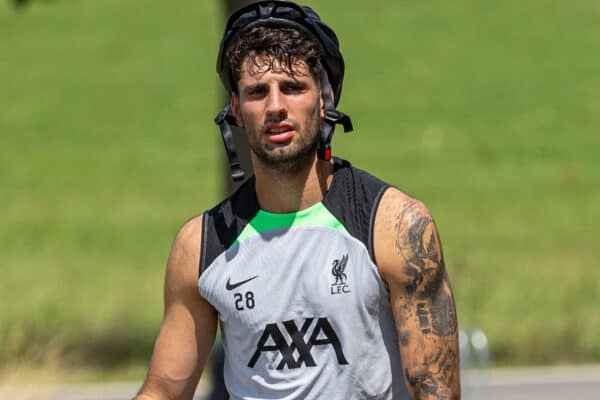 DONESCHINGEN, GERMANY - Monday, July 17, 2023: Liverpool's Dominik Szoboszlai walks his bike up a hill as the team return to their hotel after a training session during the club's pre-season preparations in Germany. (Pic by David Rawcliffe/Propaganda)