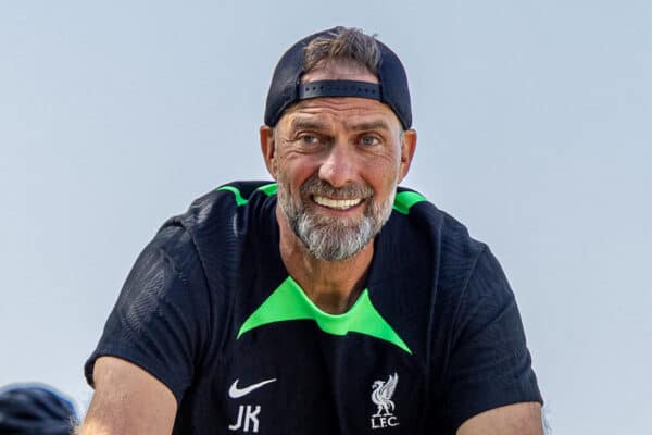 DONESCHINGEN, GERMANY - Tuesday, July 18, 2023: Liverpool's manager Jürgen Klopp rides to a training session on a bike during a pre-season training camp in Germany. (Pic by David Rawcliffe/Propaganda)