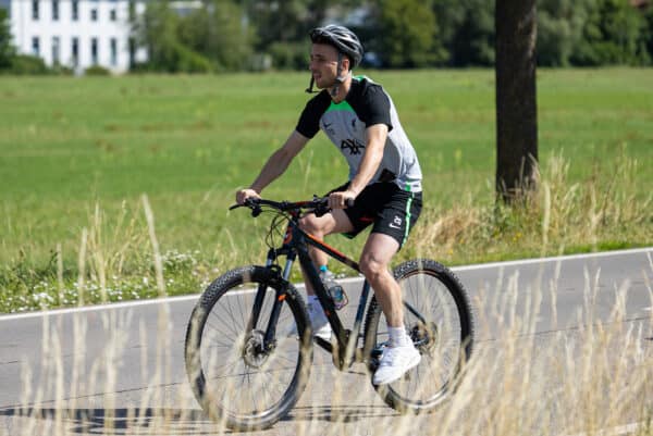 DONESCHINGEN, GERMANY - Tuesday, July 18, 2023: Liverpool's Diogo Jota rides to a training session on a bike during a pre-season training camp in Germany. (Pic by David Rawcliffe/Propaganda)