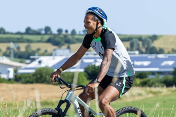DONESCHINGEN, GERMANY - Tuesday, July 18, 2023: Liverpool's Virgil van Dijk rides to a training session on a bike during a pre-season training camp in Germany. (Pic by David Rawcliffe/Propaganda)