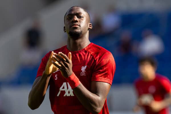 KARLSRUHE, GERMANY - Wednesday, July 19, 2023: Liverpool's Ibrahima Konaté during the pre-match warm-up before a pre-season friendly match between Karlsruher SC and Liverpool FC at the Wildparkstadion. Liverpool won 4-2. (Pic by David Rawcliffe/Propaganda)