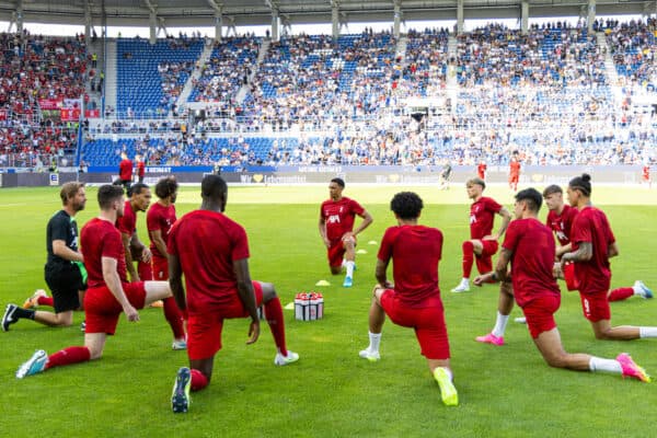KARLSRUHE, GERMANY - Wednesday, July 19, 2023: Liverpool players during the pre-match warm-up before a pre-season friendly match between Karlsruher SC and Liverpool FC at the Wildparkstadion. Liverpool won 4-2. (Pic by David Rawcliffe/Propaganda)