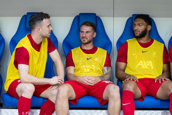 KARLSRUHE, GERMANY - Wednesday, July 19, 2023: Liverpool substitutes Diogo Jota, Alexis Mac Allister and Joe Gomez on the bench before a pre-season friendly match between Karlsruher SC and Liverpool FC at the Wildparkstadion. Liverpool won 4-2. (Pic by David Rawcliffe/Propaganda)