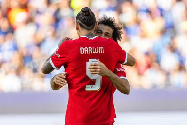 KARLSRUHE, GERMANY - Wednesday, July 19, 2023: Liverpool's Darwin Núñez (L) celebrates with team-mate Mohamed Salah after scoring the opening goal during a pre-season friendly match between Karlsruher SC and Liverpool FC at the Wildparkstadion. Liverpool won 4-2. (Pic by David Rawcliffe/Propaganda)